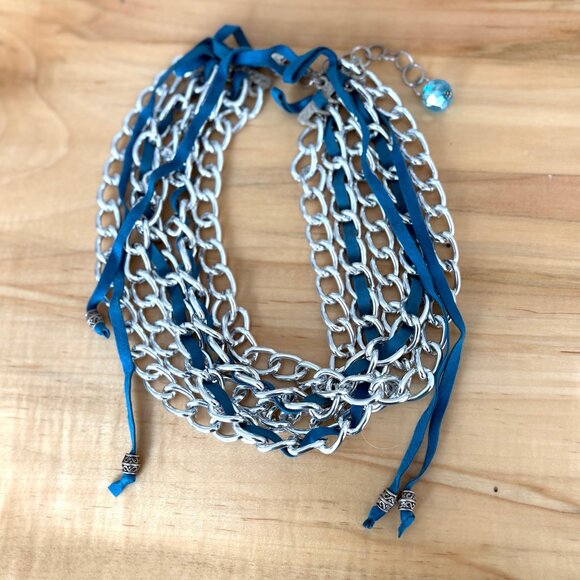 Silver Multi Strand Chain with Blue Suede Lace Statement Necklace - Picture 4 of 6